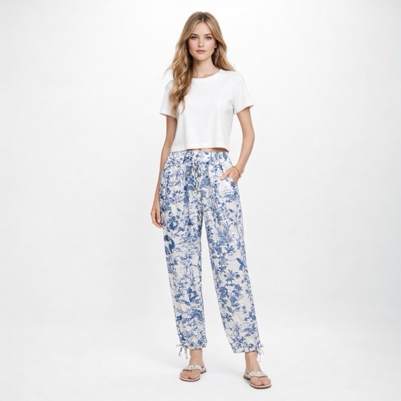 Nicole Miller Pants M White Blue Toile Linen Blend Pull On Resort Vacation - Picture 7 of 9